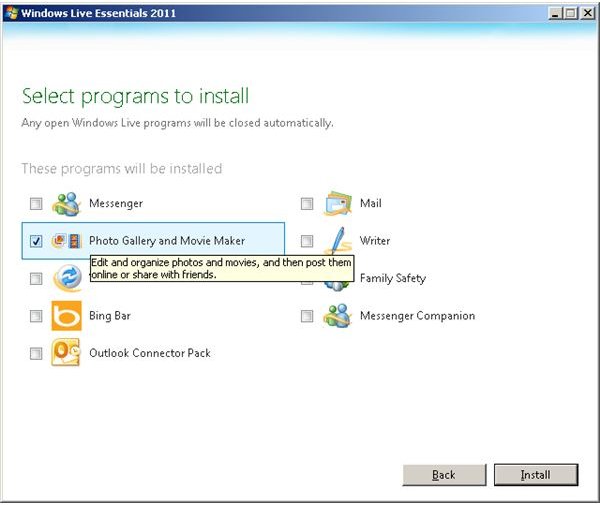 Windows Live Essentials programs selection