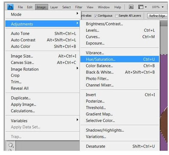 Location of the hue + saturation settings