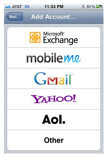 iPhone Email Providers menu