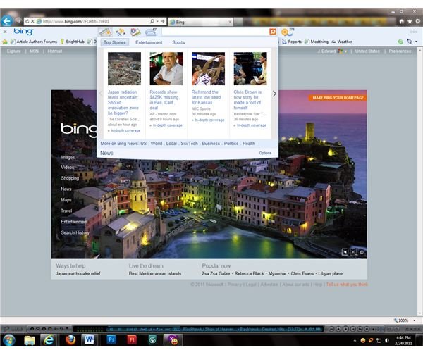 The Bing Rewards toolbar offers easy access to features such as news and weather.