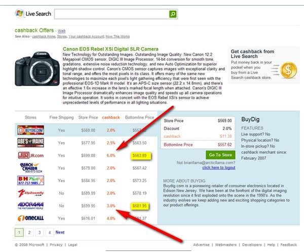 Live Search Cash Back Review: A Comparison to Pricegrabber