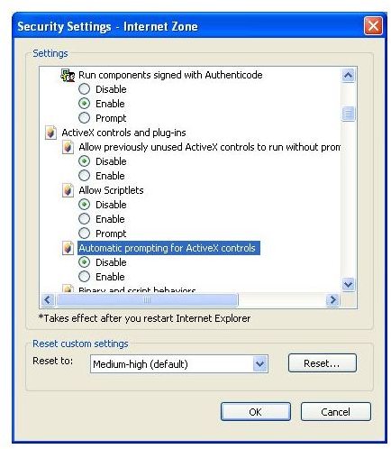 Resolving Internet Explorer Error "Your Security Settings Do Not Allow Websites To Use ActiveX Controls Installed On Your Computer"