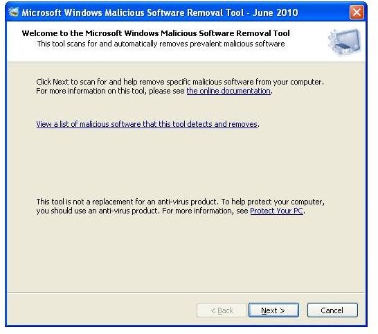 microsoft malicious software removal tool on start up