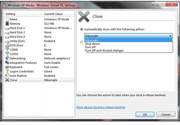 Shutdown options in Virtual PC