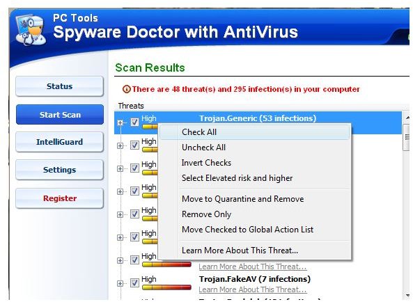 Options for Detected Items by Spyware Doctor