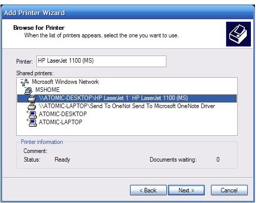 Find your networked printer via the Add Printer Wizard
