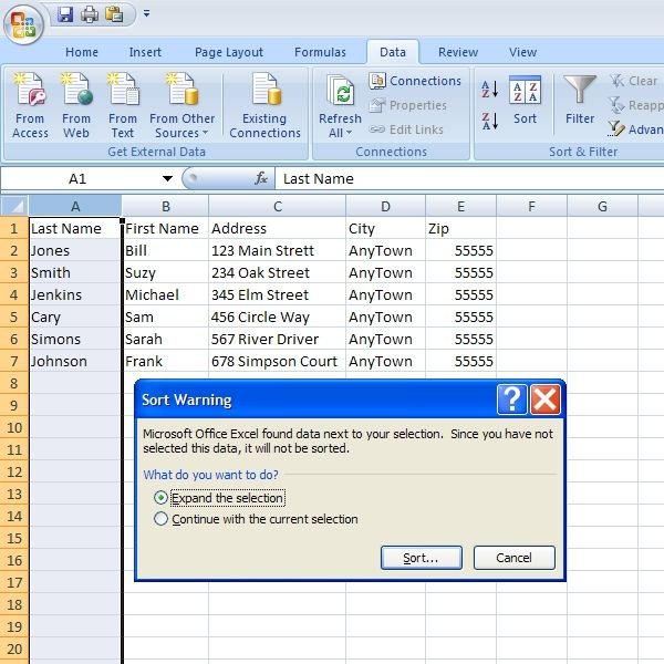 Sorting in Excel 2007 - Figure 2