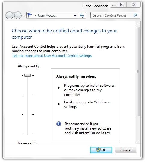 UAC Maximum Settings Windows 7