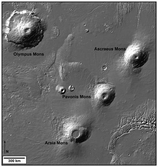 Olympus Mons and the three Tharsis Montes volcanoes: Arsia Mons, Pavonis Mons, and Ascraeus Mons 