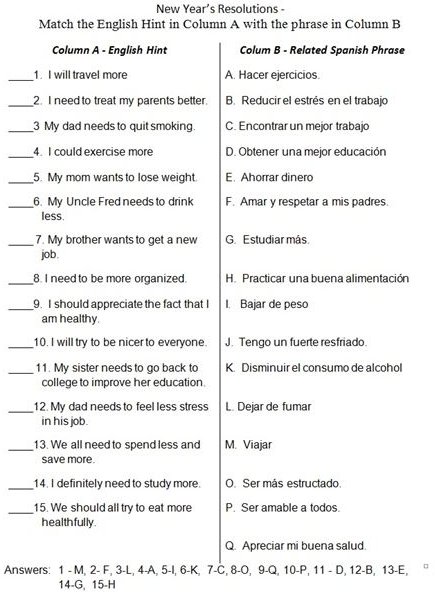 New Years Resolutions Matching Quiz