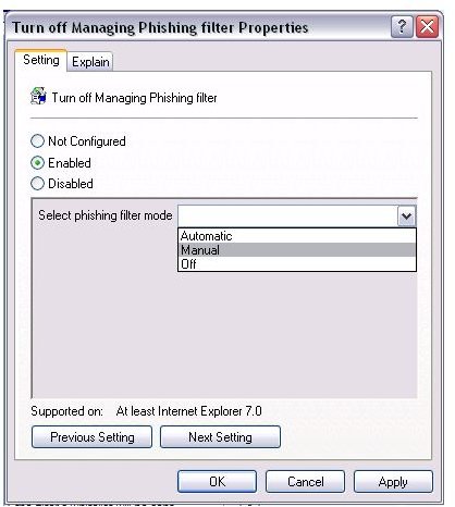 IE7 Phishing Filter Group Policy