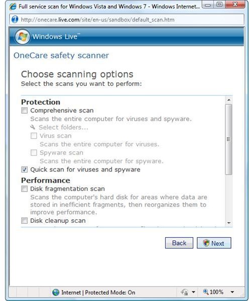 Selecting what to scan using OneCare safety scanner by Windows Live