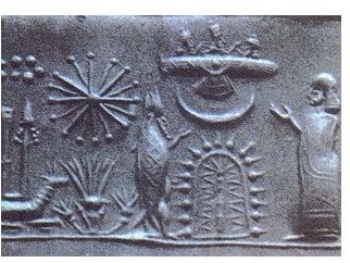 Mesopotamian cylinder seal showing a star, the crescent Moon and the Pleiades cluster (upper left)