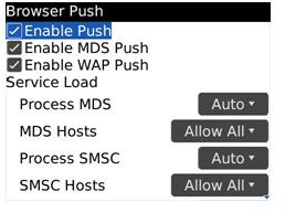 Blackberry Browser Push enabled settings