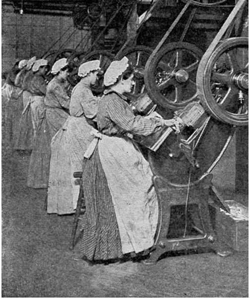 498px-Can factory workers stamping out end discs, published 1909