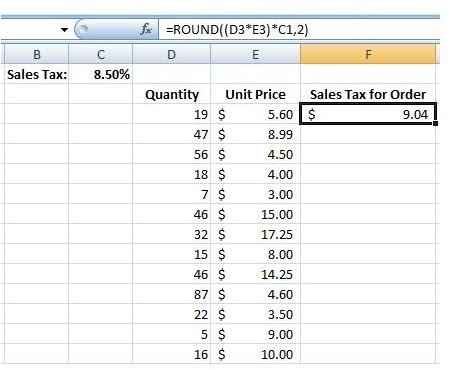 how to calculate sales tax in excel formula
