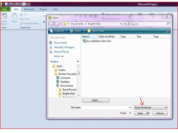 Project and Excel- Open Project Choose Excel Workbook