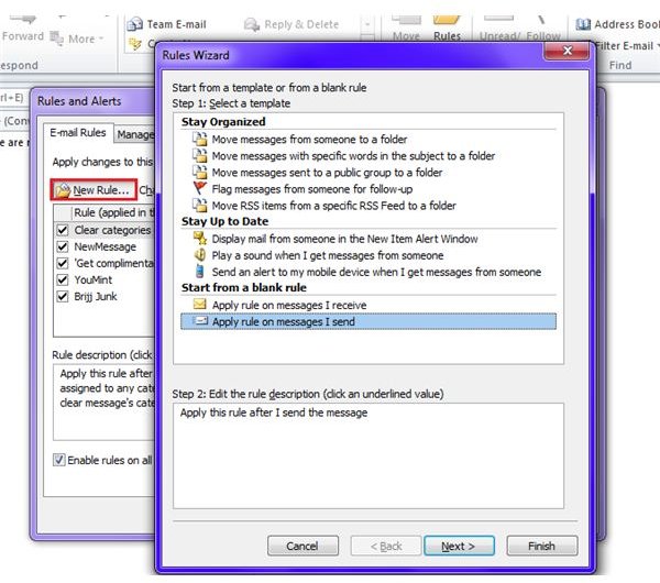 Fig 2 - Choose Email Delivery Time in MS Outlook - Rules Wizard Step 1