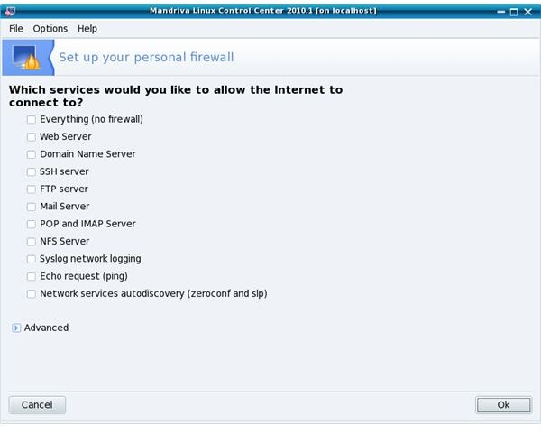 The Mandriva Linux Control Center firewall services set up screen.