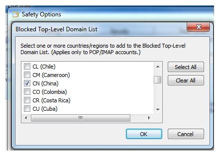Blocking Top-Level Domains and Encoding List in Windows Live Mail