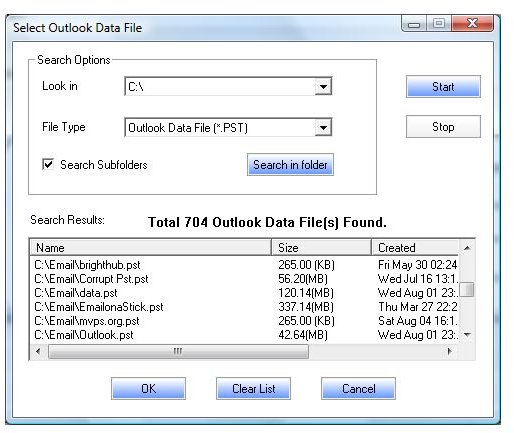 Figure 8: Completed Search for Outlook Data Files