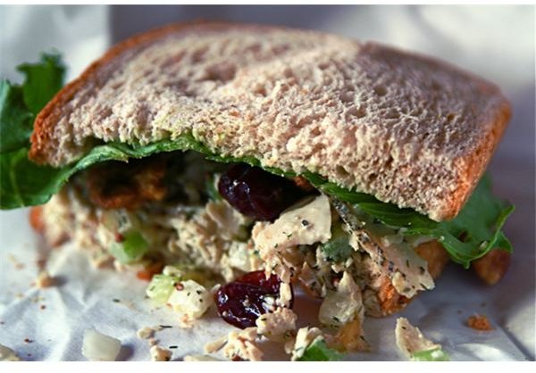 Chicken salad, spiced walnuts, dried cherries, romaine-iceberg lettuce on whole grain wheat bread.