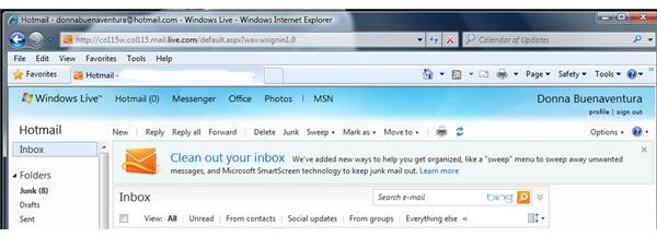 Main Interface of Hotmail in Windows Live