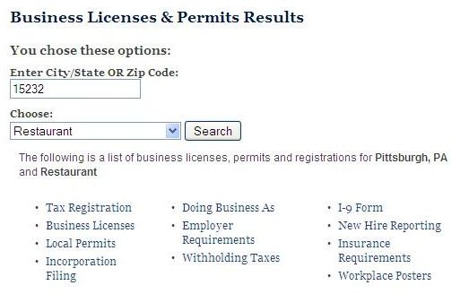 Screenshot SBA Zip Code Lookup for Licenses or Permits