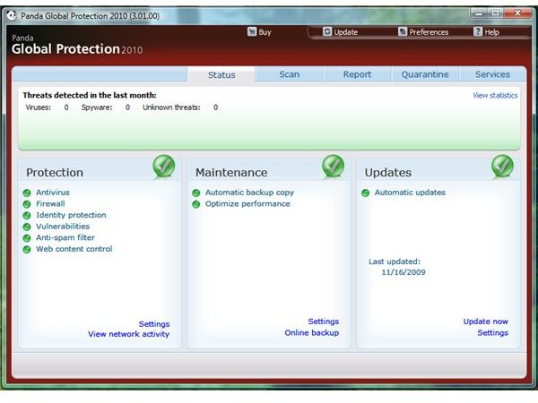 User Interface of Panda Global Protection 2010