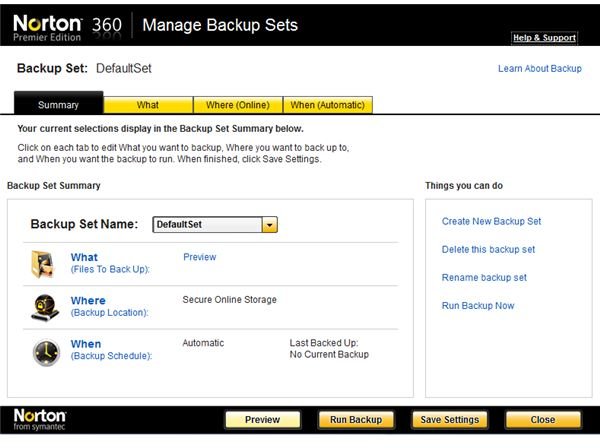The Manage Backup Sets Interface
