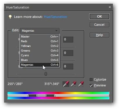 Select Magentas in the Hue/Saturation Dialog Box