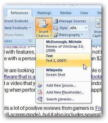 how to insert a citation in microsoft word 2007