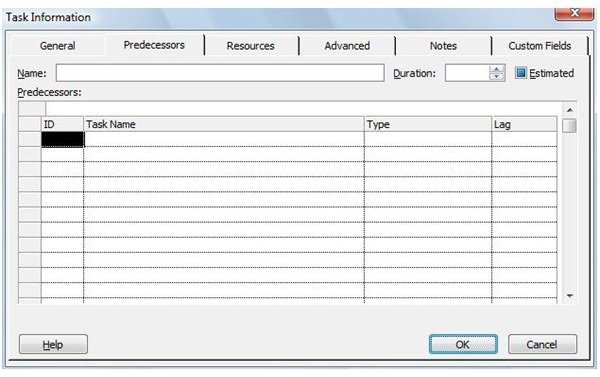 Predecessors Tab - Task Information Dialog Box