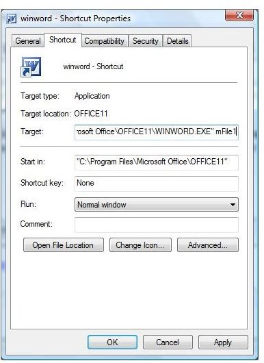 winword.exe shortcut properties