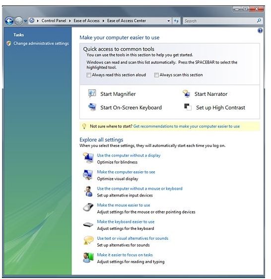 Windows Vista Ease of Access Center - Configure the Built-in Accessibility Options of Vista