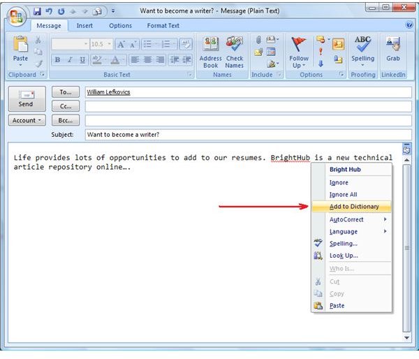Making Changes to the Custom Dictionary in Microsoft Outlook 2007