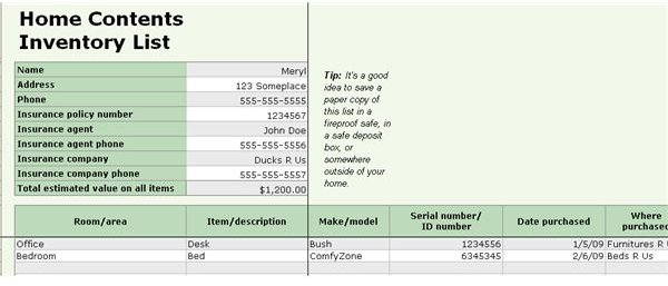 Home inventory template