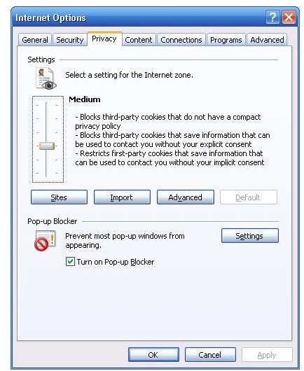 Screenshot - IE Internet Options - Privacy