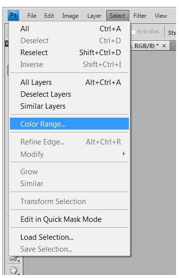 location of the Color Range Tool in Photoshop