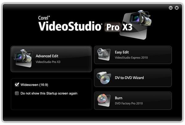 VideoStudio Pro X3 Start Screen