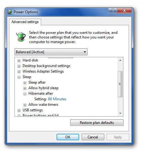 Power Options Window