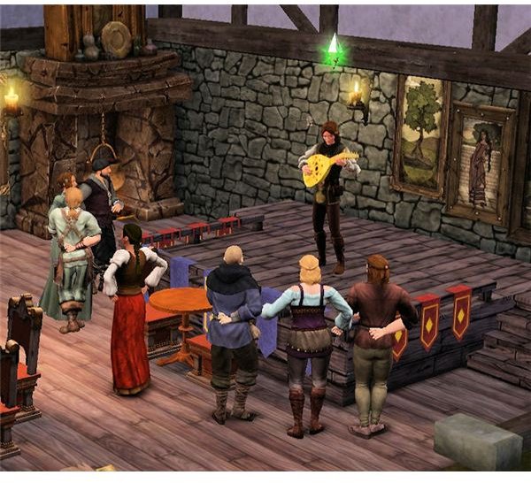 The Sims Medieval Bard playing the lute onstage