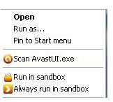 Avast Sandbox Context Menu