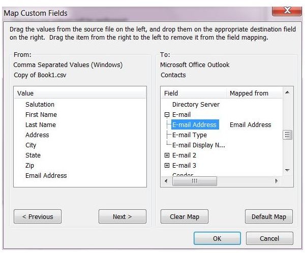 How to import contacts into Outlook 2010: Mapping