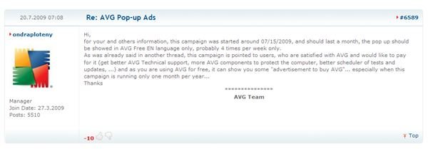 Employee commenting on forums about AVG popping up ads