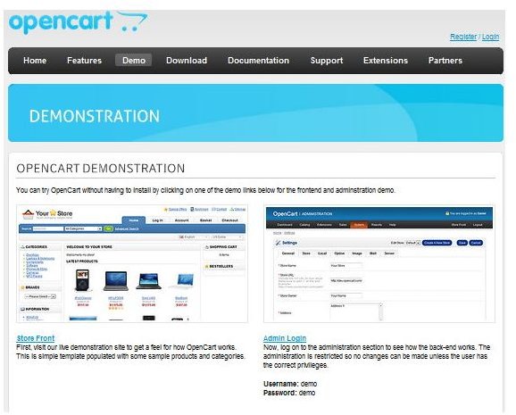 Opencart.com Screenshot: Demonstration Page