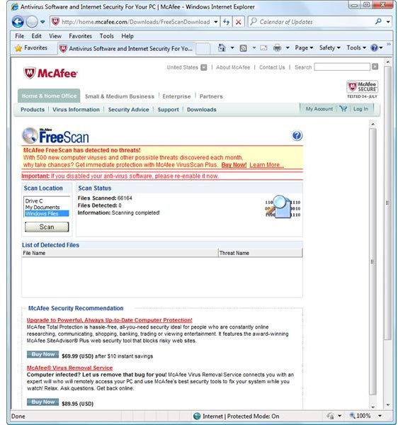 Virus Scan result by McAfee FreeScan
