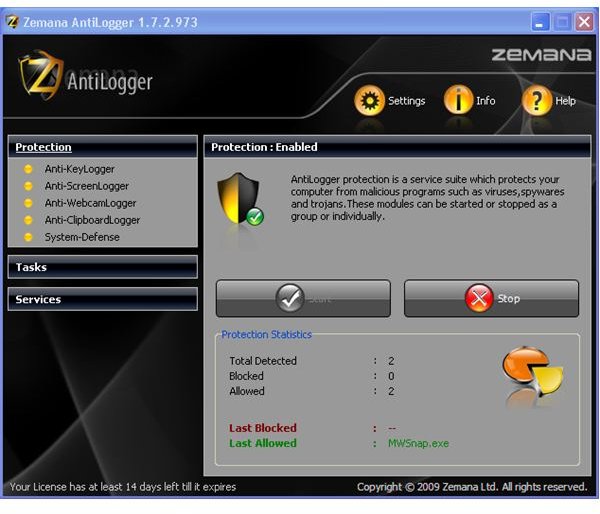 Zemana Antilogger Main Window