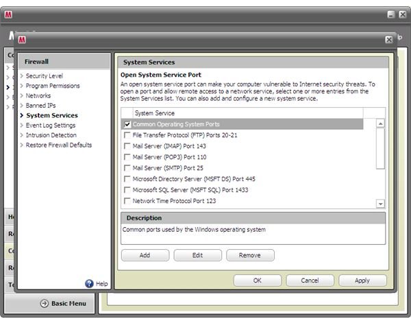 Security Center: Firewall Settings - System Services