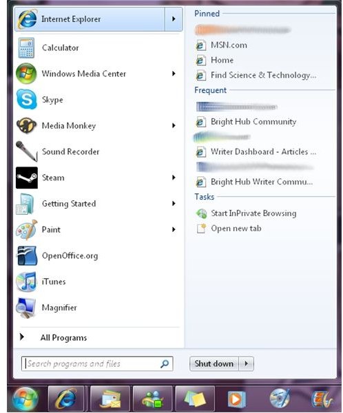 Jump List Loaded in the Start Menu